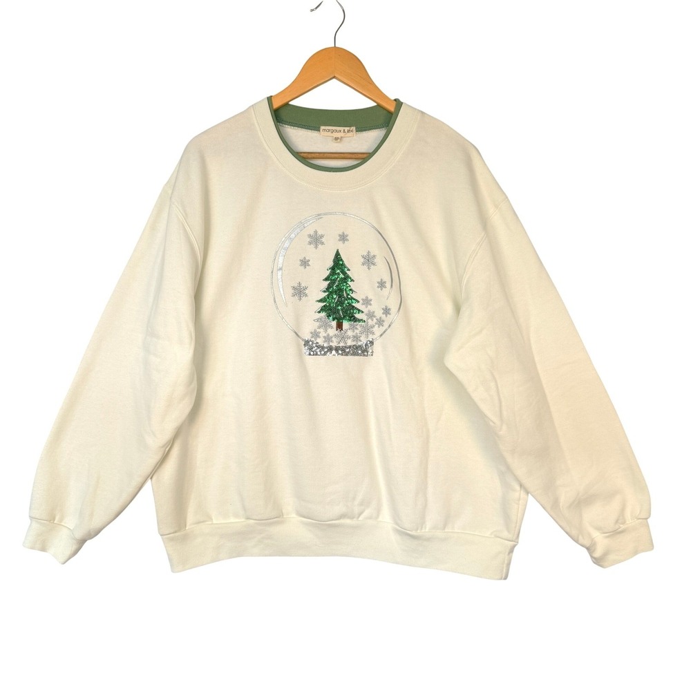 Margaux & Lexi Cream Christmas Snow Globe Sequin Sweatshirt Green Tree XXL